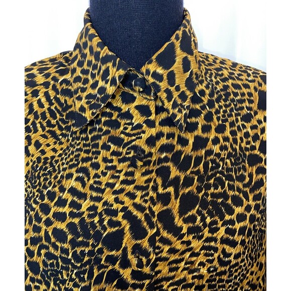 VTG Womens Animal Print Button Up Shirt M Tan Black Retro 90s Cheetah Mob Wife - Picture 2 of 13